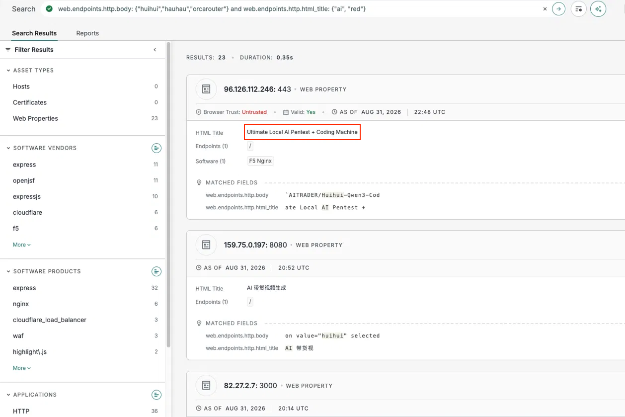 Censys search returning 23 web properties for a combined Tier 1 query constrained by AI-related title framing. The first hit is 96.126.112.246 on port 443, HTML title 'Ultimate Local AI Pentest + Coding Machine', body containing 'AITRADER/Huihui-Qwen3-Cod', with an untrusted self-signed TLS certificate consistent with a self-hosted deployment.